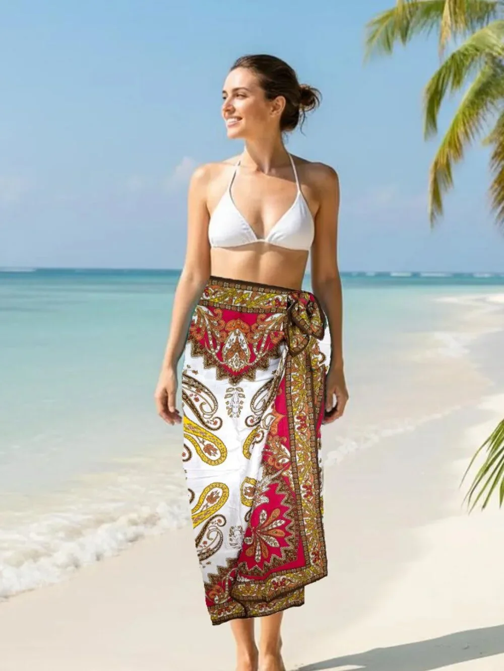 TALBOTS Paisley Pareo 3-Pc Set Swim Cover-up, Fan & Cosmetic Bag Fuschia/White